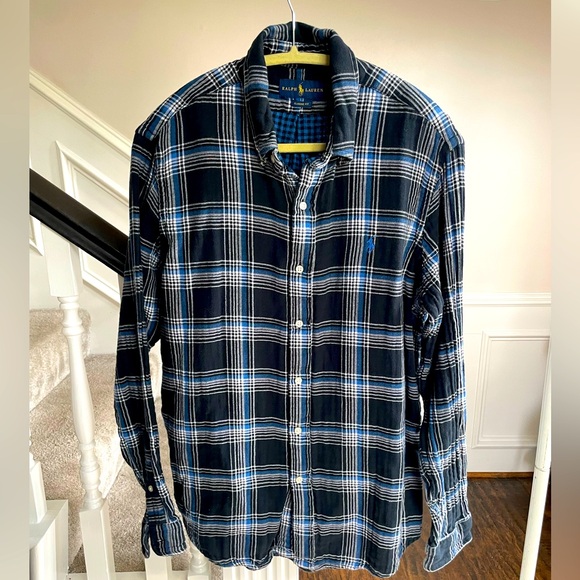 Ralph Lauren Men's Blue and Black Plaid Flannel Shirt - Picture 1 of 5